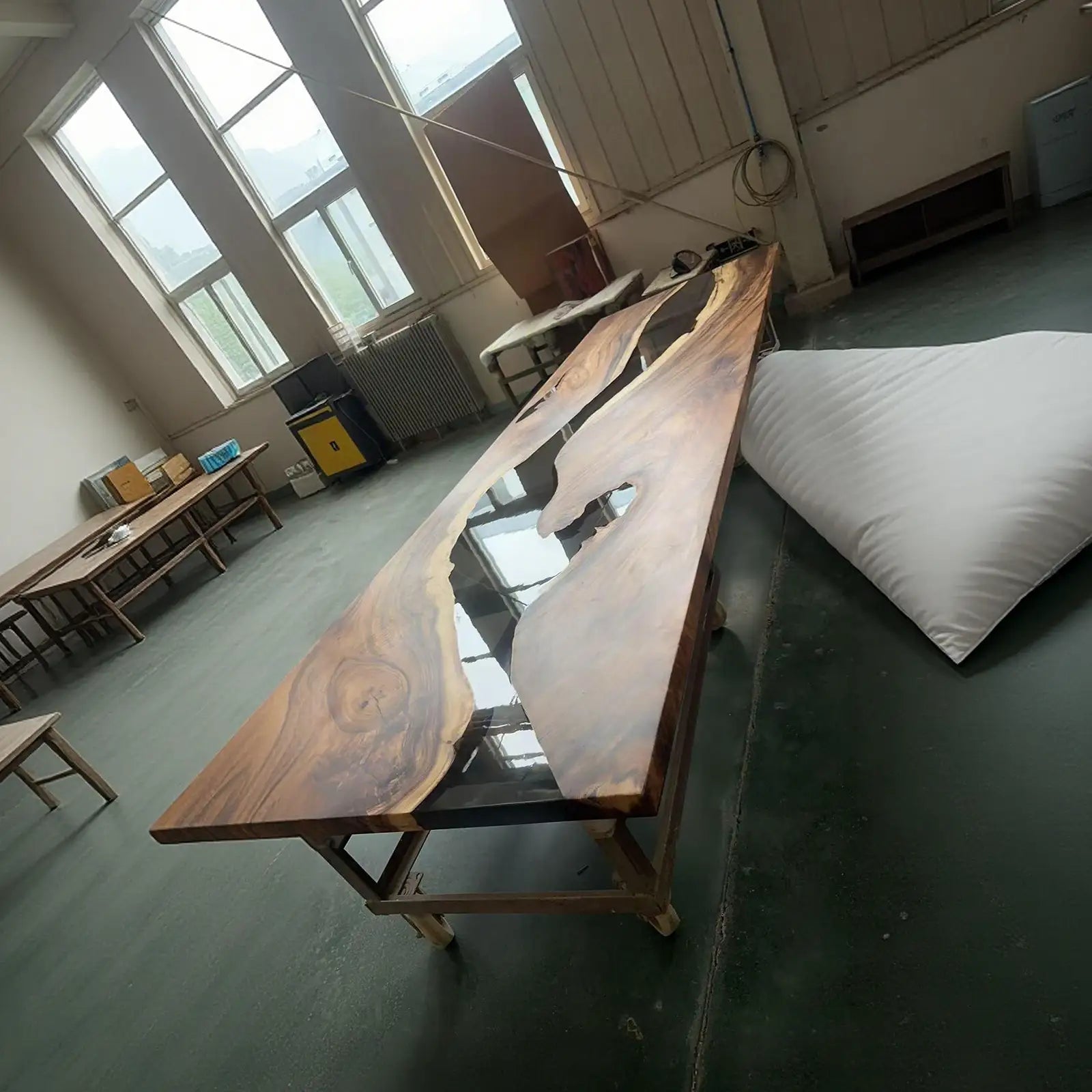 SeawaveTable extra long 156 inch black walnut conference banquet table side view with black epoxy river