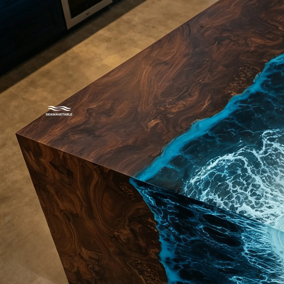 handcrafted black walnut epoxy waterfall countertop in production process