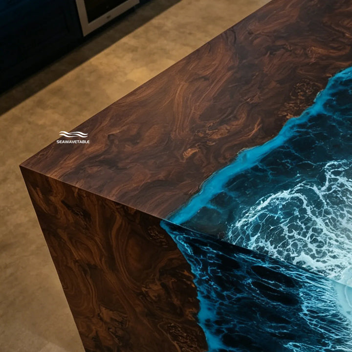 handcrafted black walnut epoxy waterfall countertop in production process