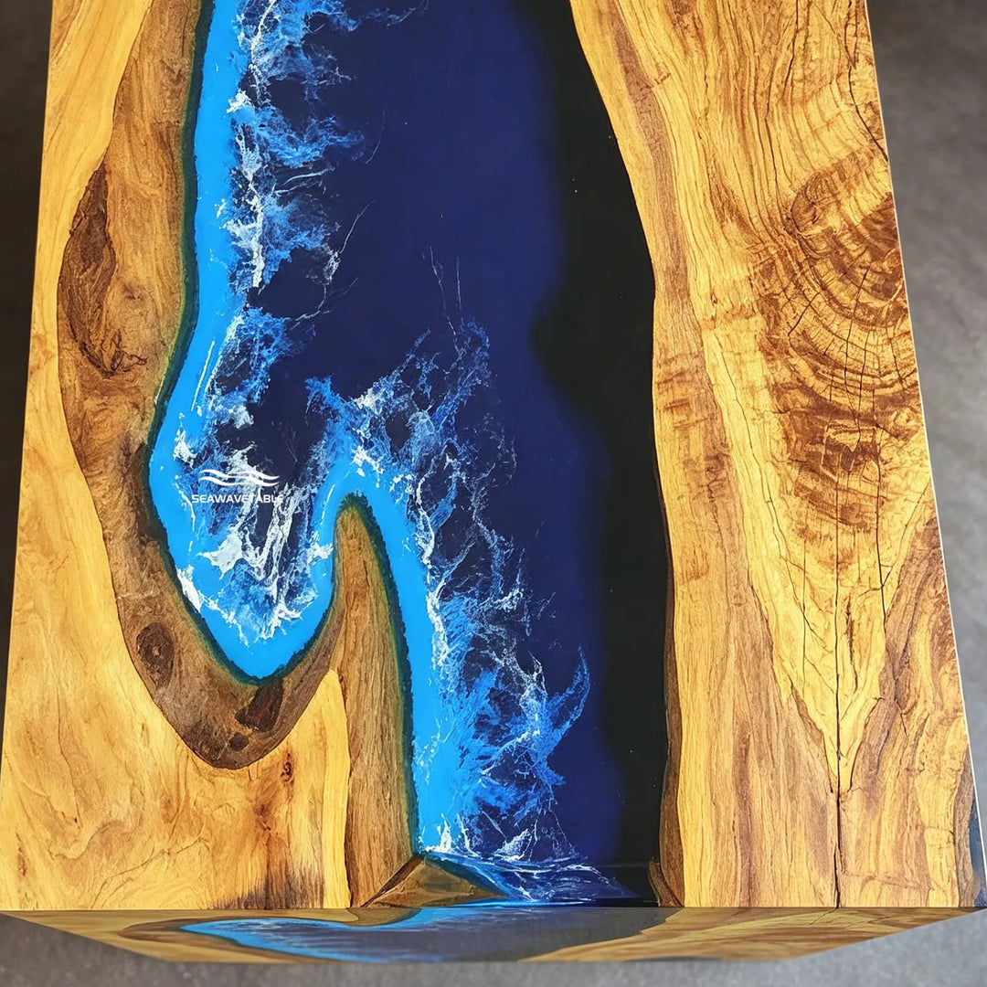 handcrafted olive wood epoxy river waterfall table in production