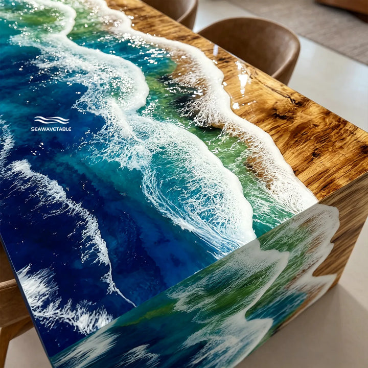 handcrafted poplar wood epoxy waterfall table in production process