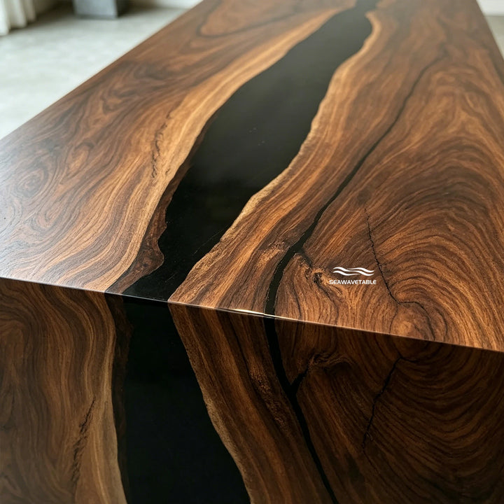 SeawaveTable handcrafted black walnut epoxy waterfall table production process