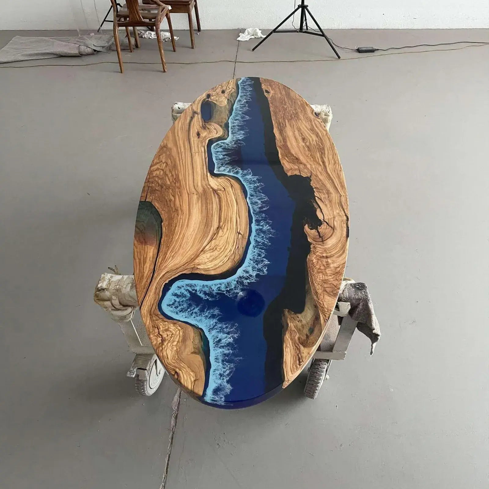 SeawaveTable handmade olive wood ocean epoxy resin coffee table finished piece