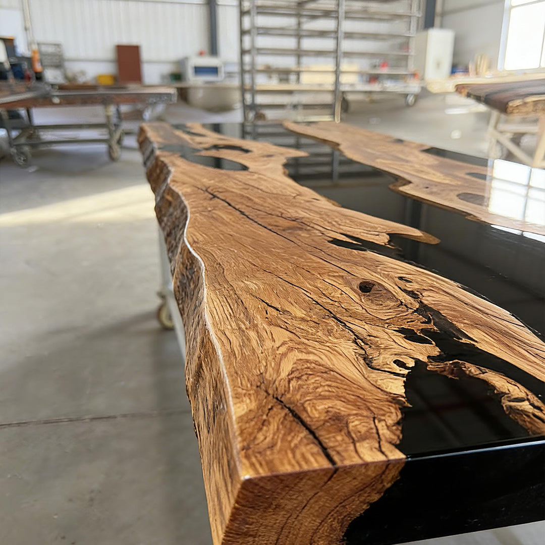 SeawaveTable high gloss surface detail on olive wood black epoxy river dining table