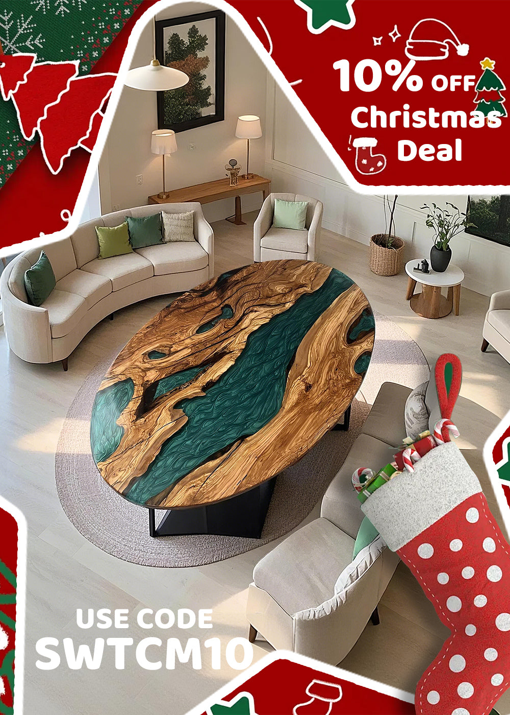 Holiday sale banner highlighting handcrafted wood and resin tables