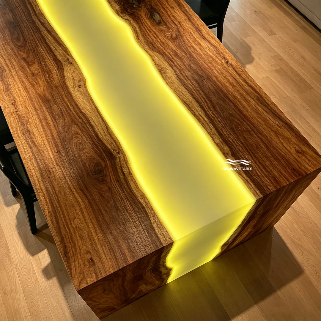 integrated LED lighting detail inside epoxy river on waterfall table
