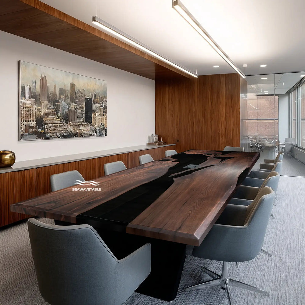 SeawaveTable large black walnut epoxy conference table with integrated power module used in office meeting