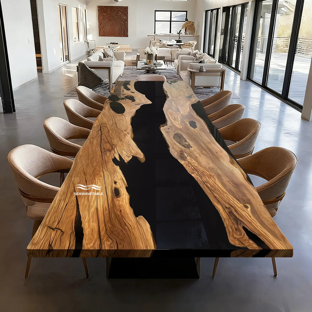 SeawaveTable large olive wood epoxy river dining table with black resin in dining room setting