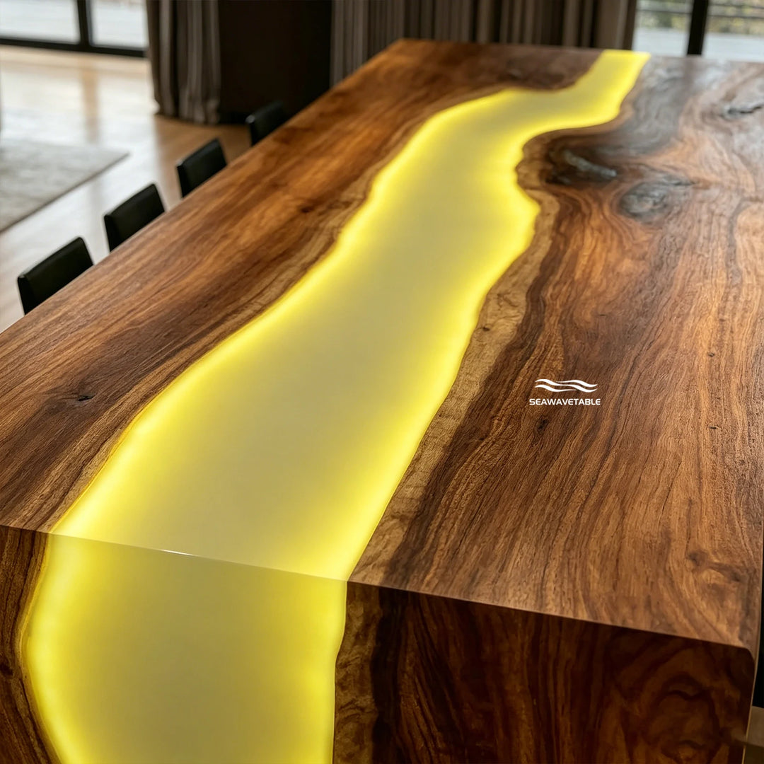 black walnut epoxy LED waterfall conference table with modern lighting design