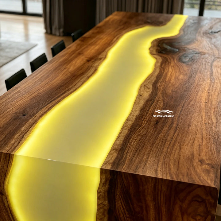 black walnut epoxy LED waterfall conference table with modern lighting design