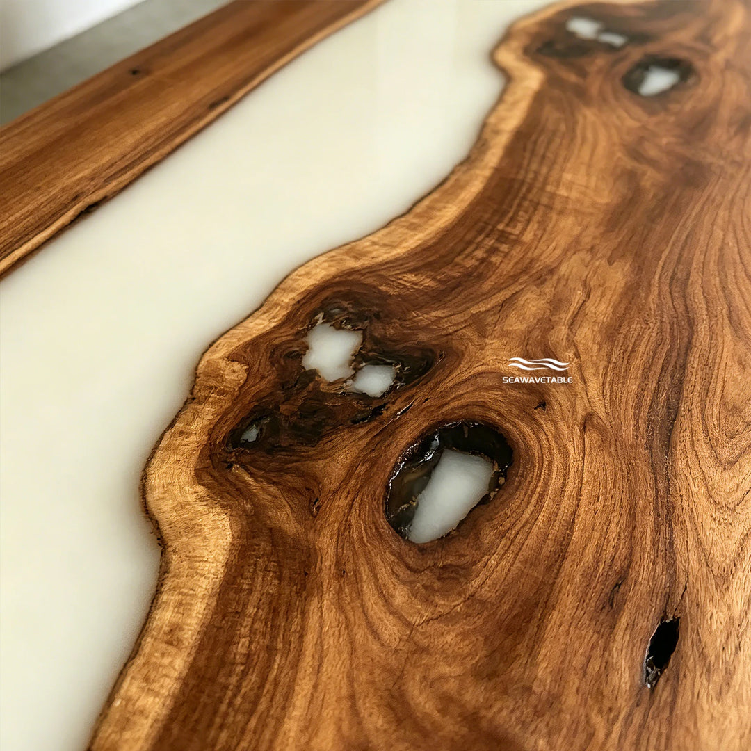 epoxy LED waterfall table glowing effect in low light luxury interior