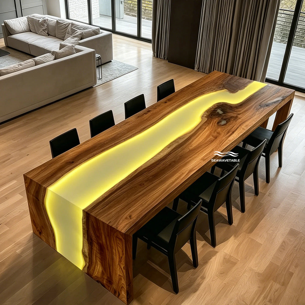 black walnut epoxy LED waterfall dining table with lunar silk resin in modern dining room
