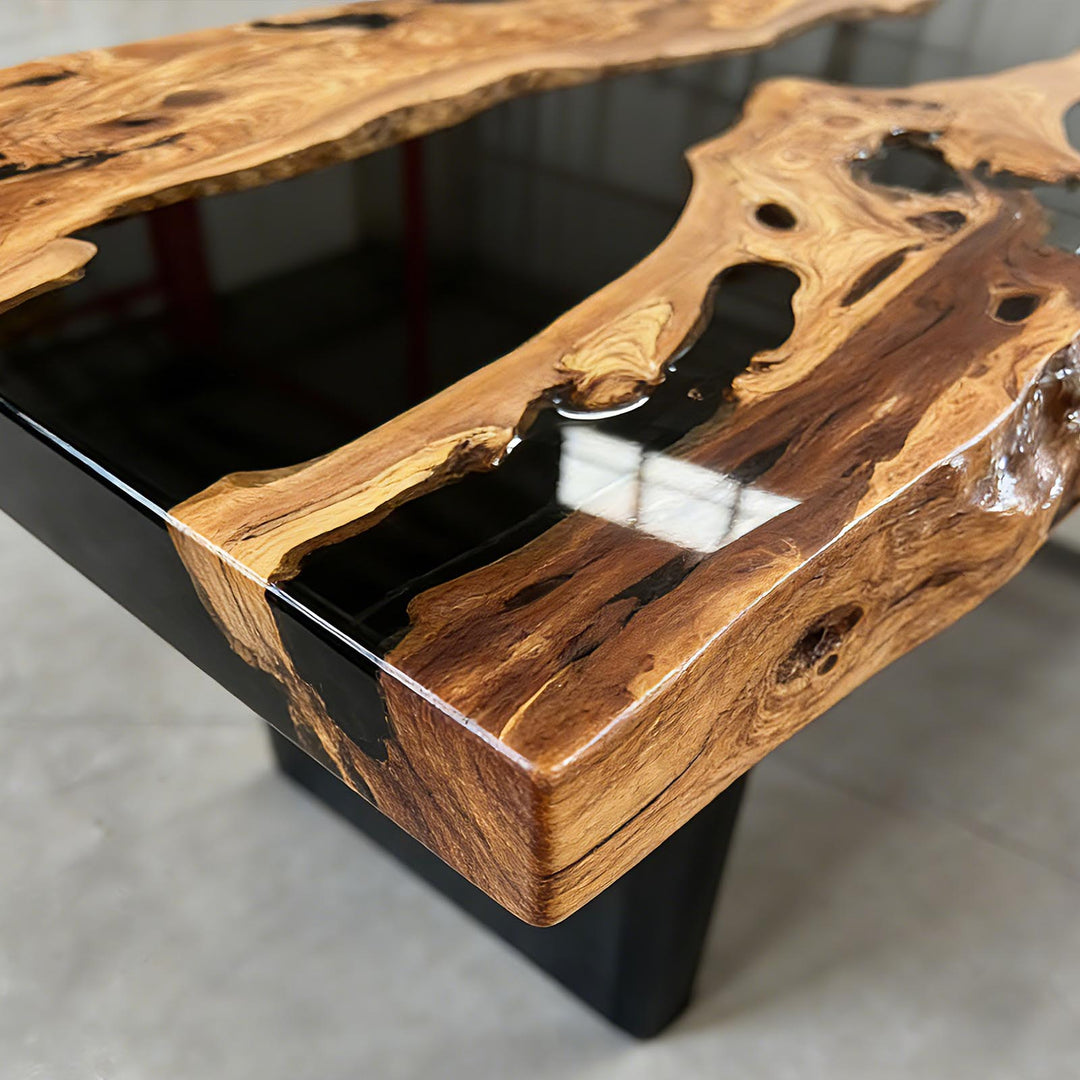 SeawaveTable live edge olive wood table edge detail showing natural organic shape