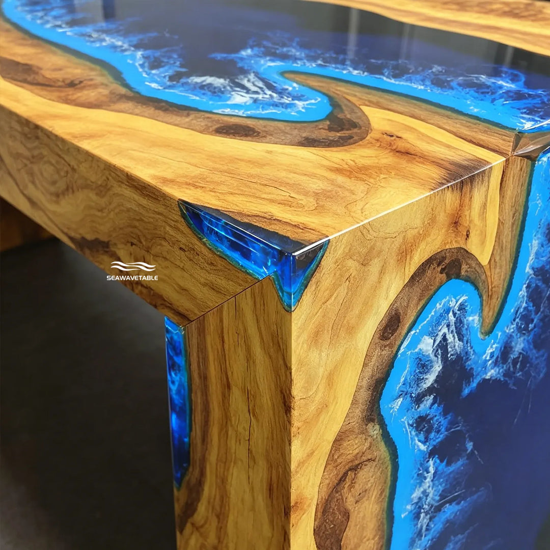 natural live edge detail on olive wood epoxy waterfall table