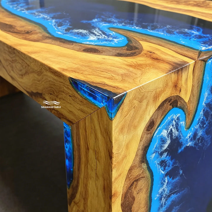 natural live edge detail on olive wood epoxy waterfall table