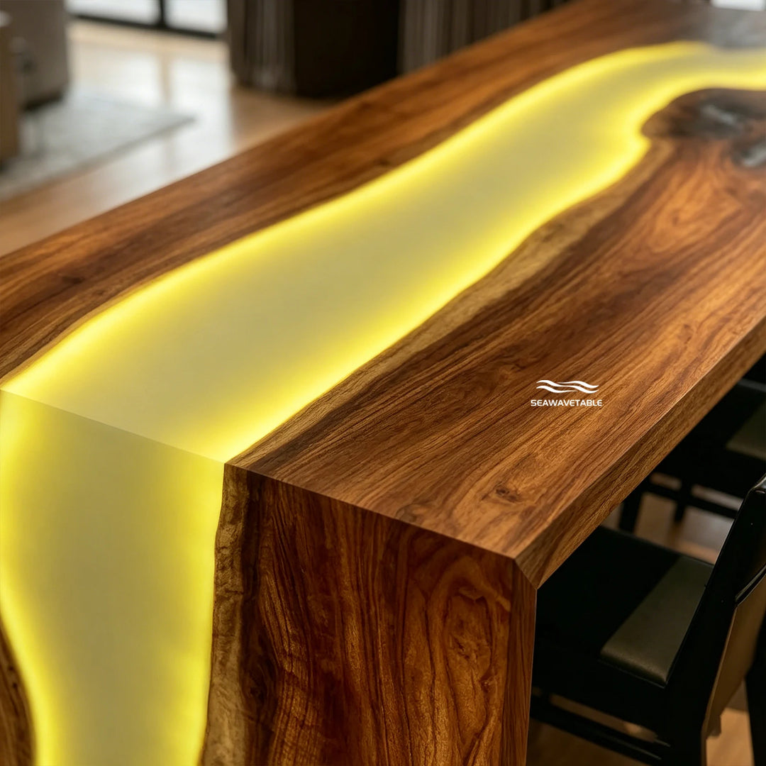 lunar silk epoxy resin texture detail on black walnut waterfall table