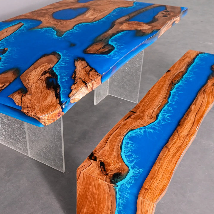 SeawaveTable matching olive wood epoxy bench with blue resin wave effect for dining table set