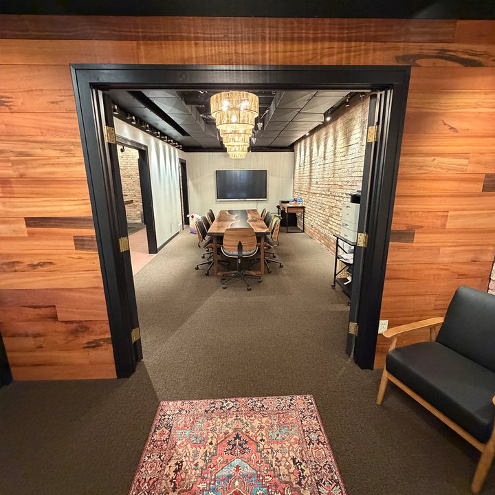 SeawaveTable matte black walnut epoxy table straight edge detail with black resin river modern conference table