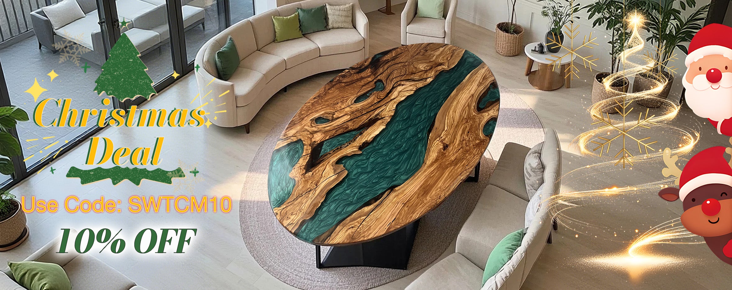 Merry Christmas poster featuring epoxy river table in winter holiday style