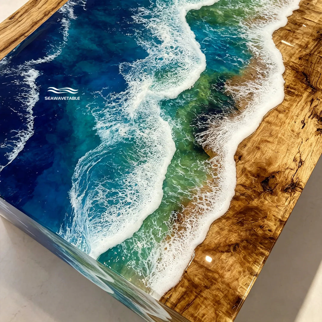 ocean wave epoxy resin detail on poplar wood waterfall table surface