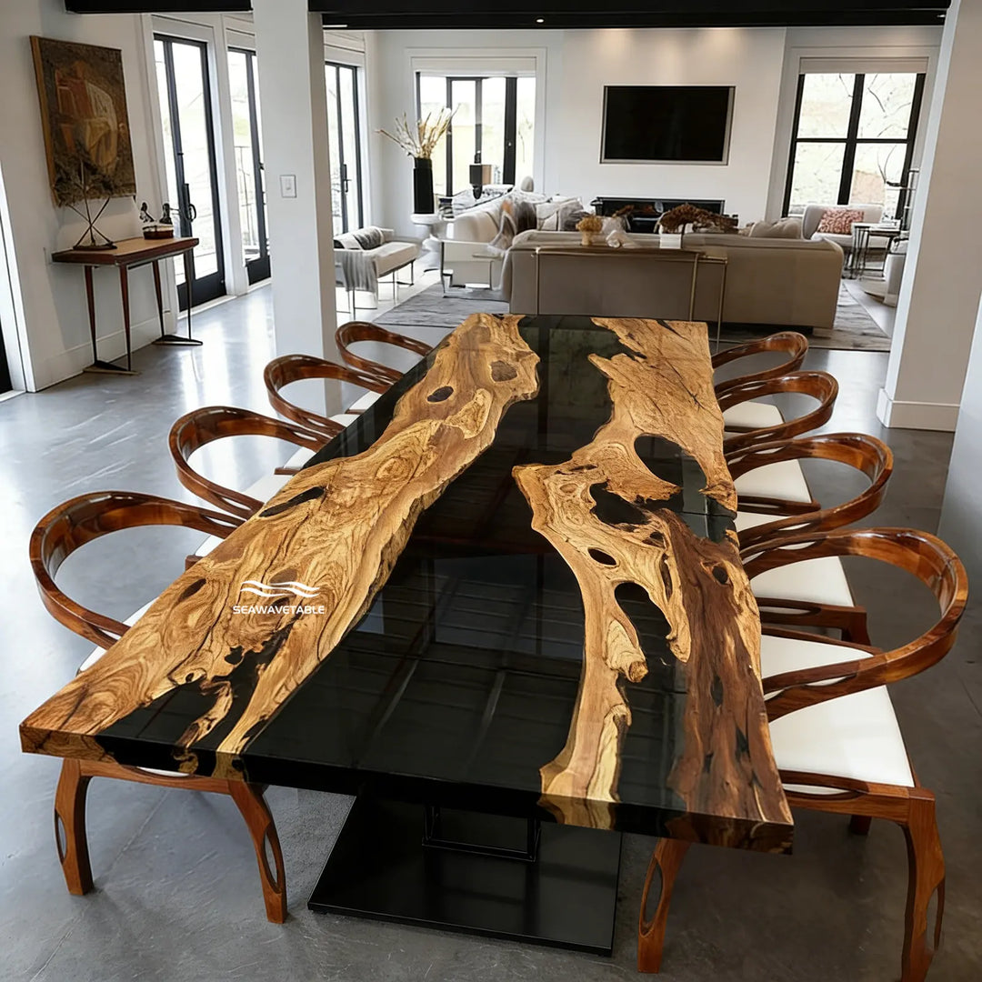 SeawaveTable olive wood black epoxy river dining table in modern living room with luxury interior design