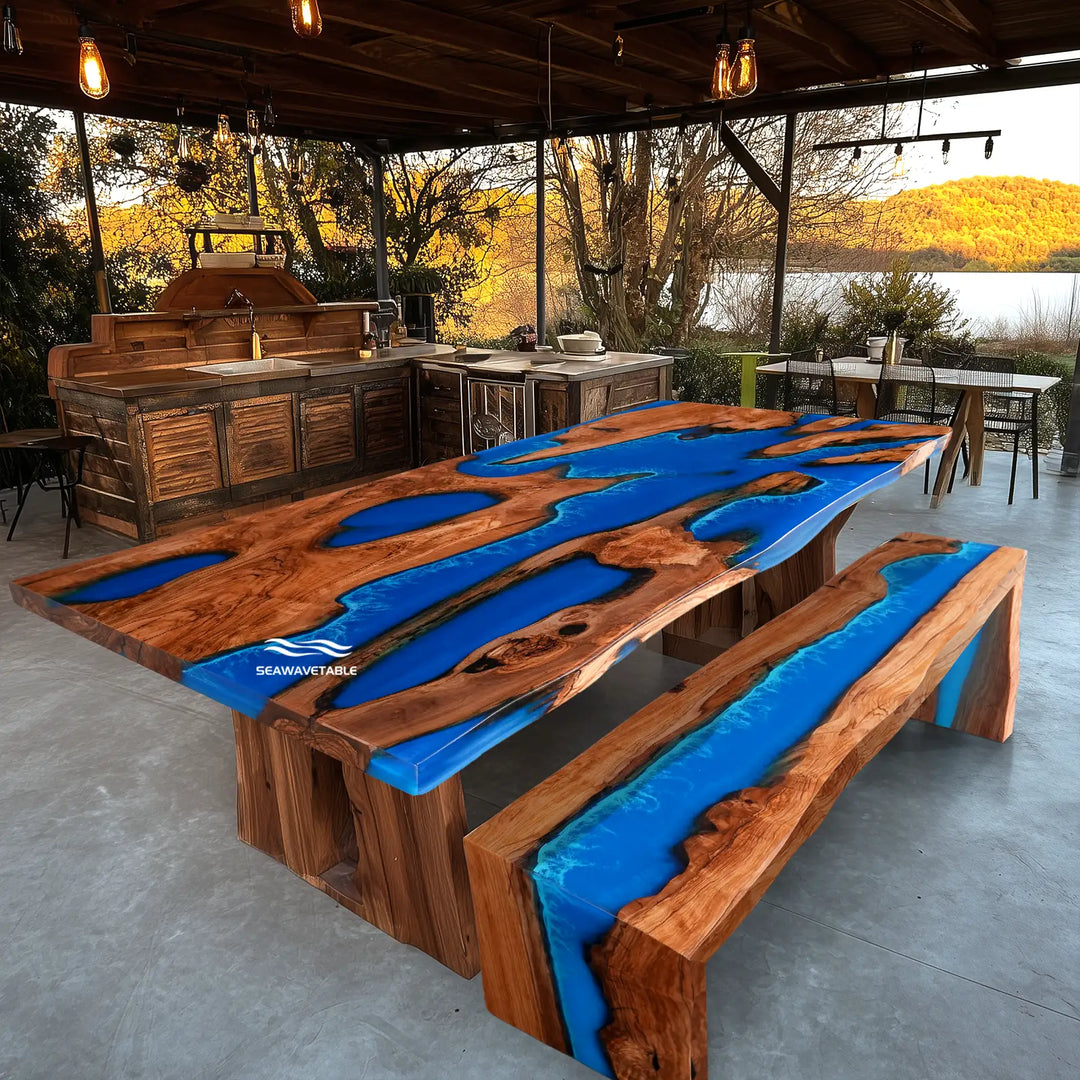 SeawaveTable olive wood blue epoxy river dining table with wave effect live edge high gloss finish CRT-301