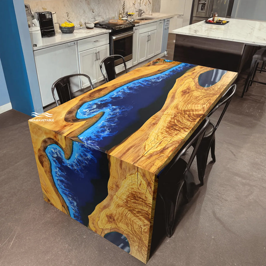 Olive wood blue epoxy river waterfall table WF-01 by SeawaveTable main view
