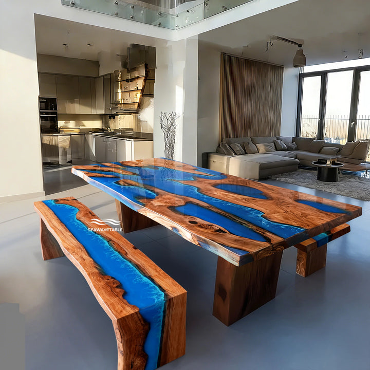 SeawaveTable olive wood blue epoxy river table full view with live edge and wave design CRT-301