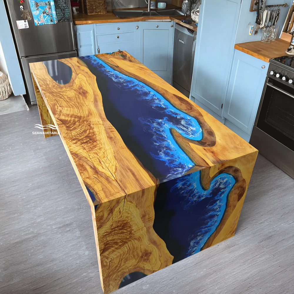 olive wood epoxy river waterfall dining table in modern dining room