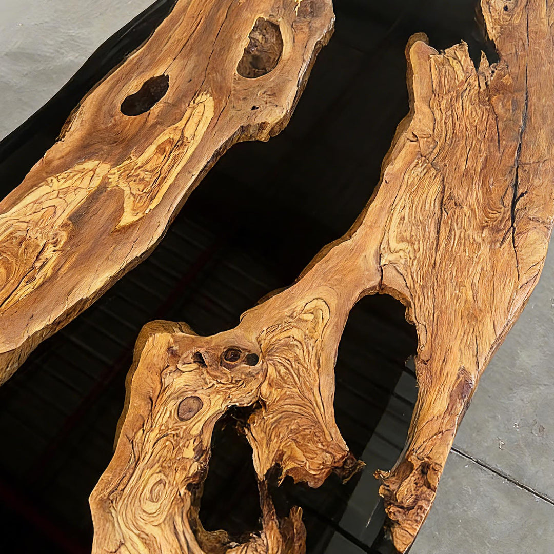 SeawaveTable olive wood natural grain detail with live edge texture on custom dining table