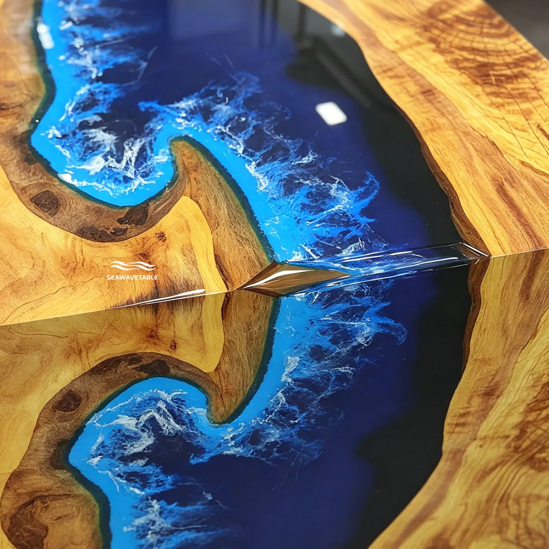 olive wood epoxy waterfall table WF-01 dimensions and layout drawing