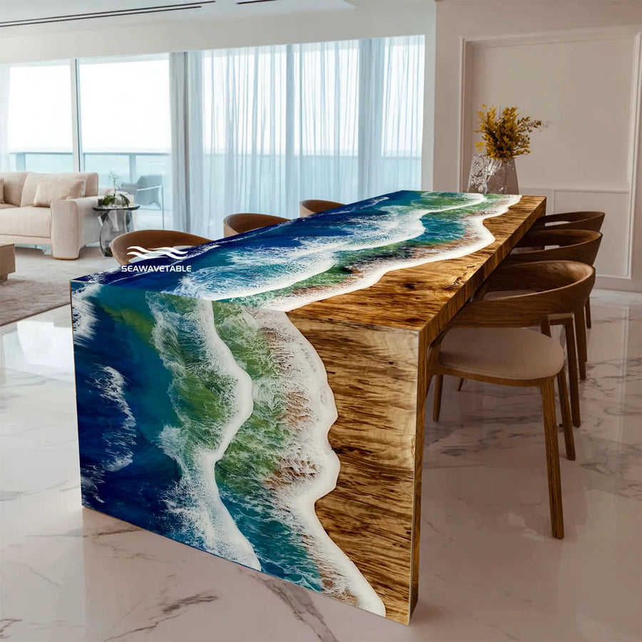 poplar wood epoxy waterfall dining table with ocean blue resin in modern dining room