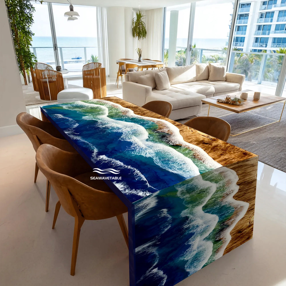 poplar wood ocean wave epoxy waterfall table WF-03 by SeawaveTable main view