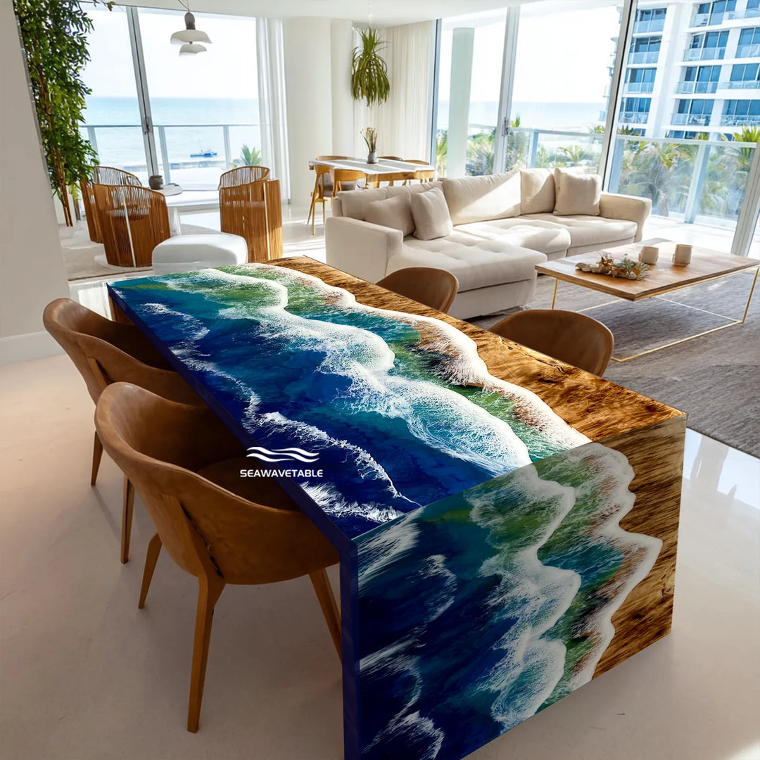 poplar wood ocean wave epoxy waterfall table WF-03 by SeawaveTable main view