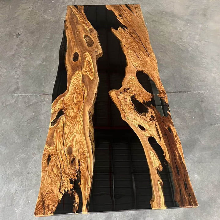 SeawaveTable real olive wood black epoxy river table finished in factory with live edge and glossy surface