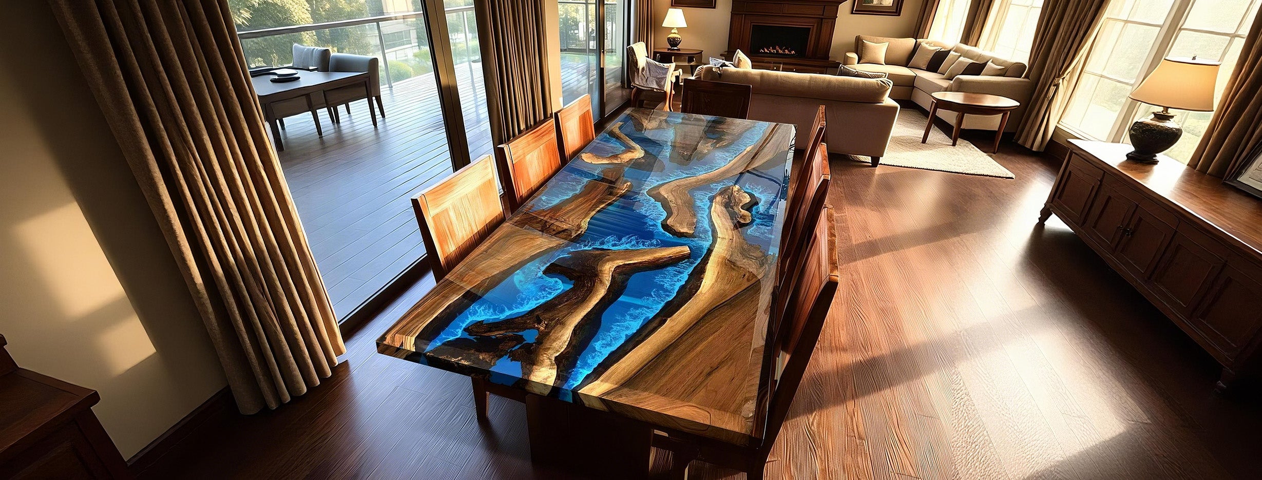 Seawave Table Black Walnut River Dining Table with Resin River – Modern Handcrafted Design