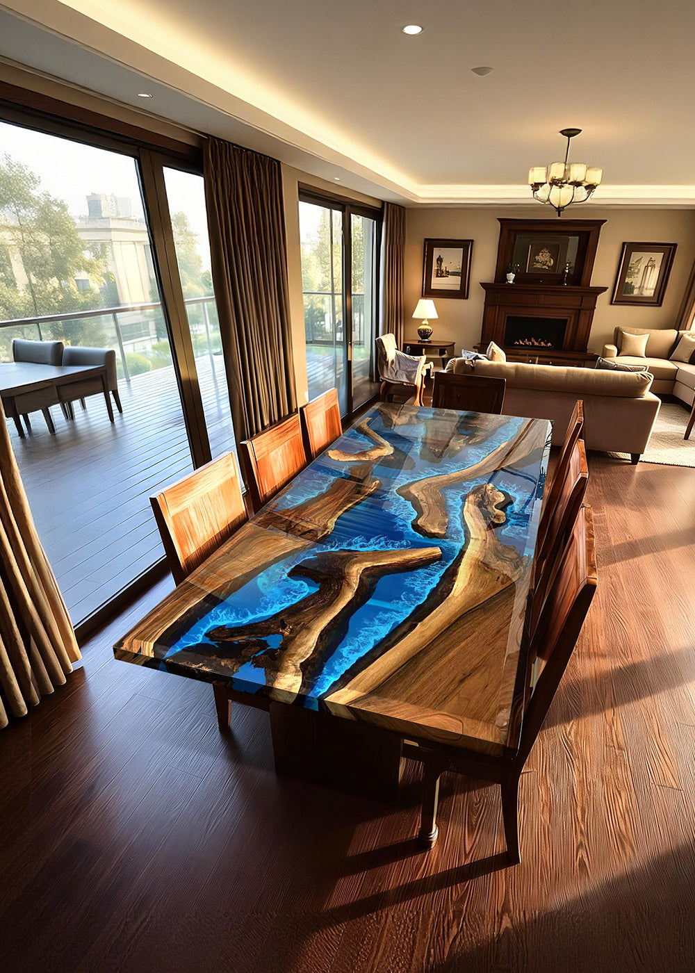 Seawave Table Walnut Dining Table with Epoxy Resin River – Elegant Contemporary Dining Room Table