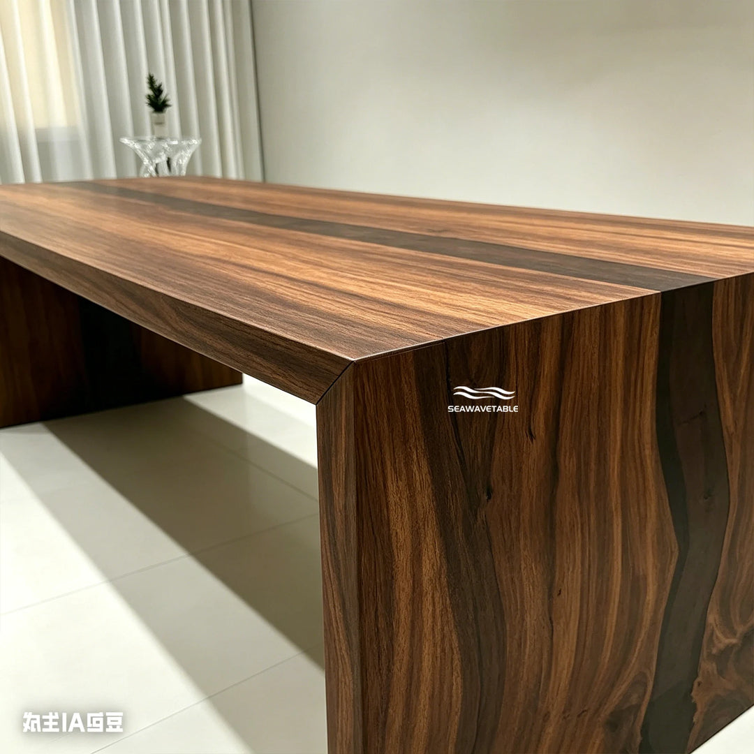 SeawaveTable semi-transparent black epoxy detail on walnut waterfall table