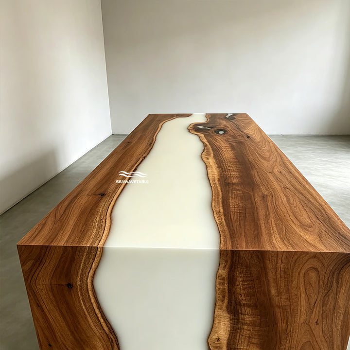 straight edge detail black walnut epoxy LED waterfall table