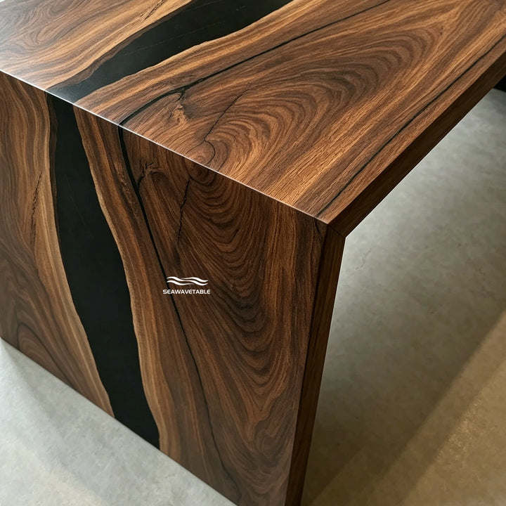SeawaveTable straight edge black walnut epoxy waterfall table matte finish