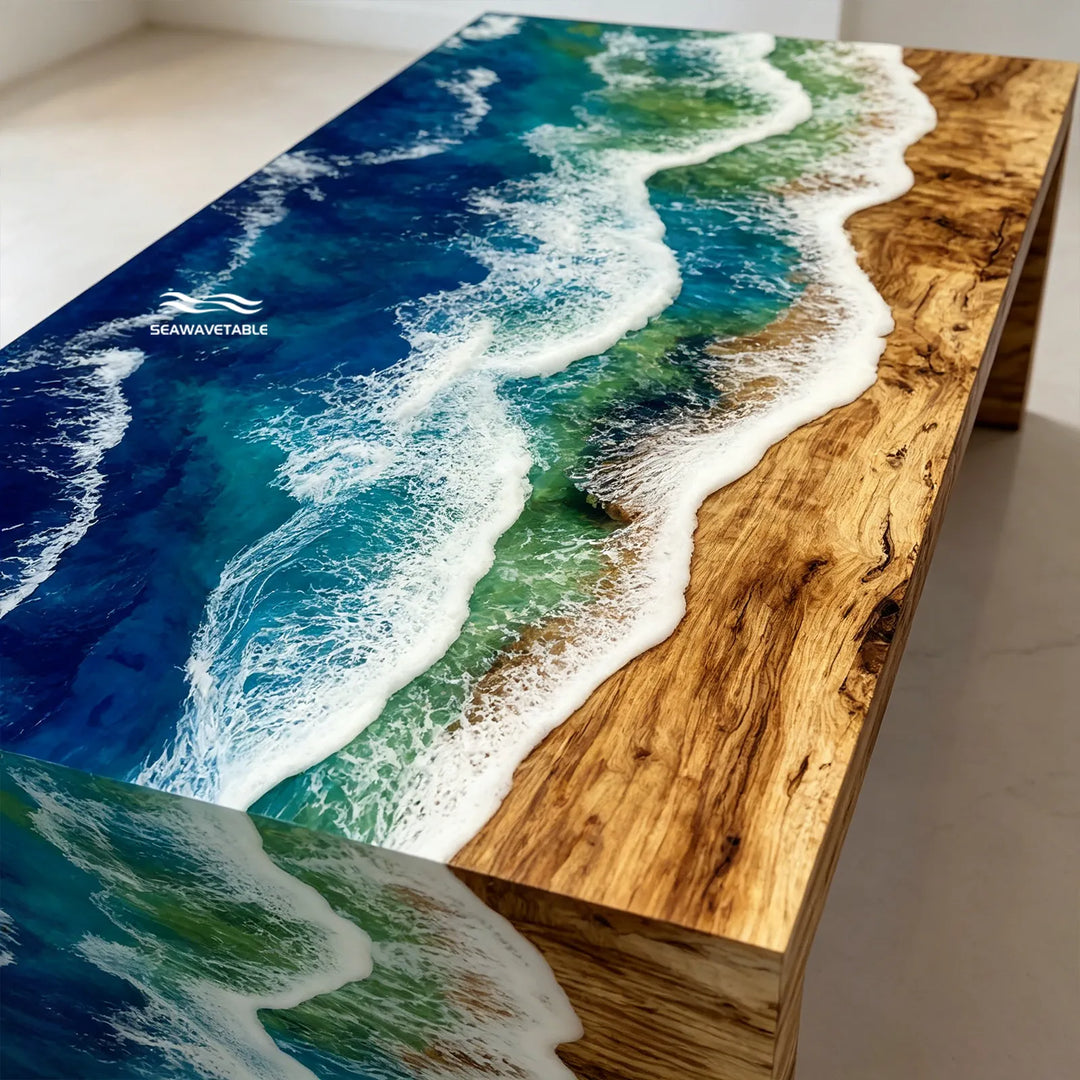 straight edge detail on poplar wood epoxy waterfall table