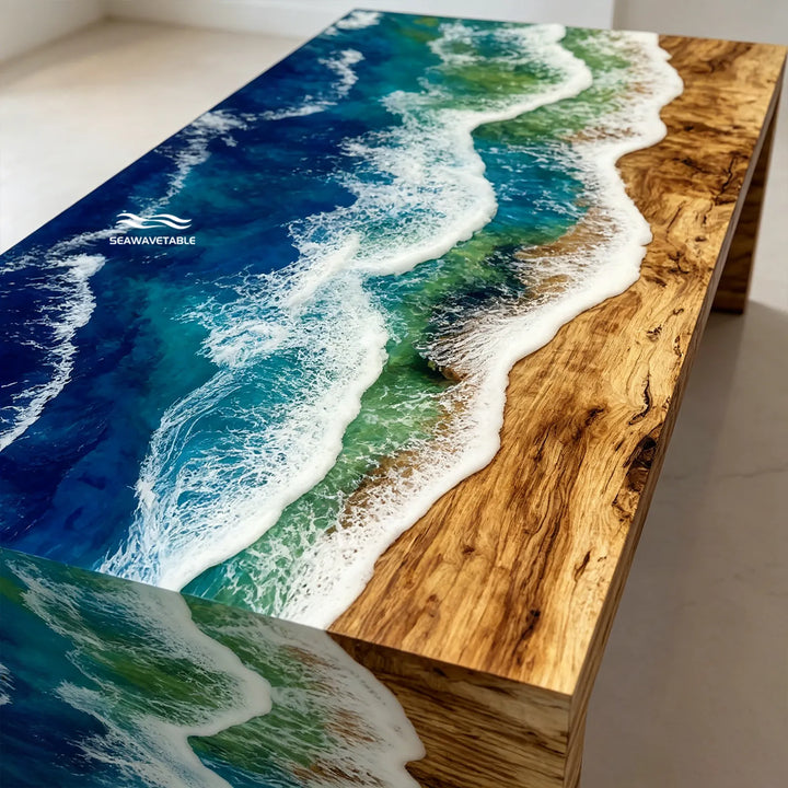 straight edge detail on poplar wood epoxy waterfall table