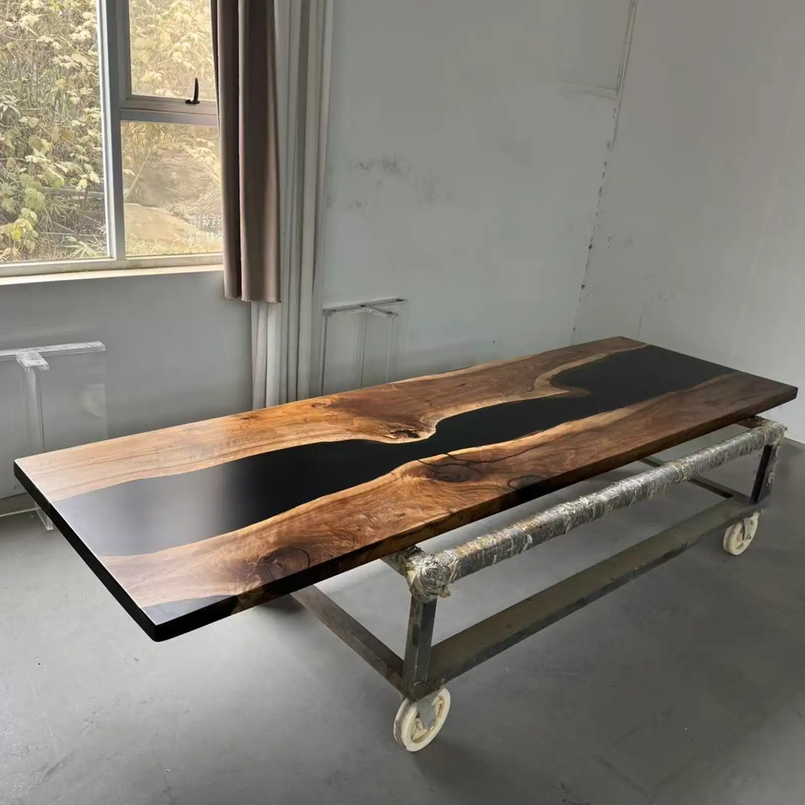 SeawaveTable sanding and matte finish process on black walnut epoxy table for smooth professional surface