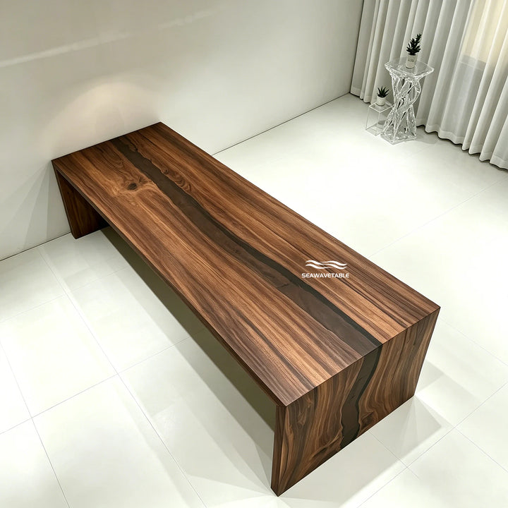 SeawaveTable walnut epoxy boardroom table semi-transparent black resin waterfall edge