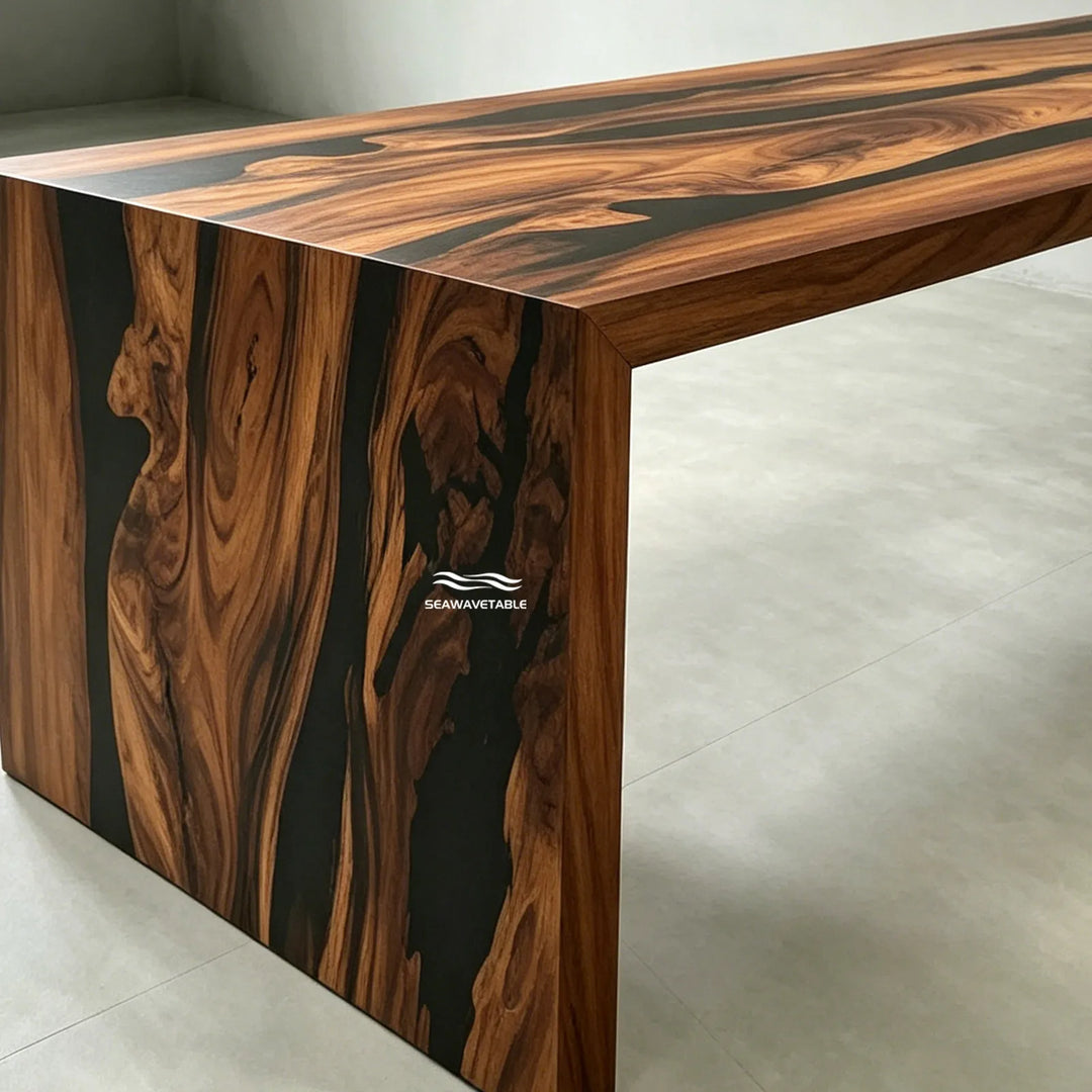 walnut epoxy boardroom table black resin waterfall design