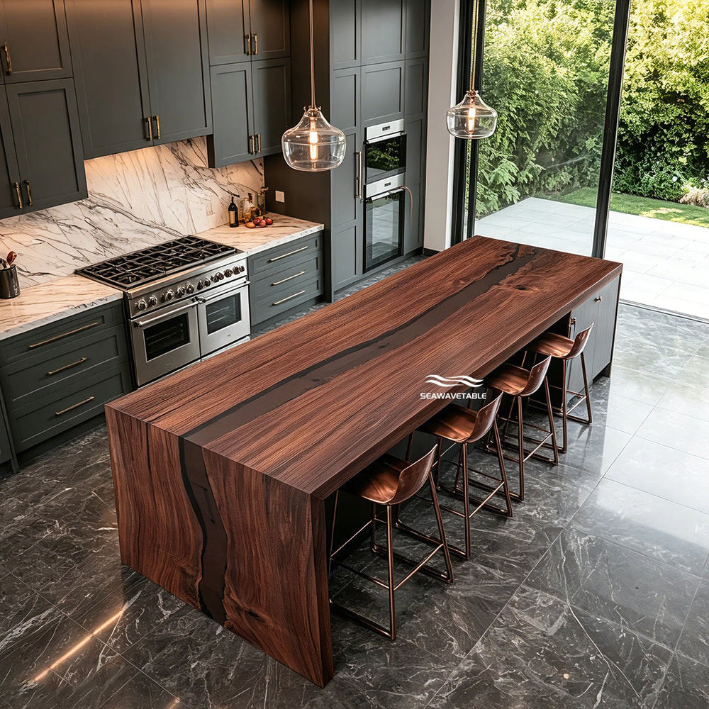 SeawaveTable walnut epoxy dining table with semi-transparent black resin waterfall design