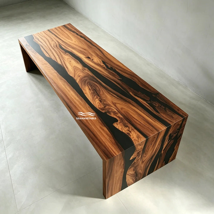 walnut epoxy kitchen island table black resin straight edge