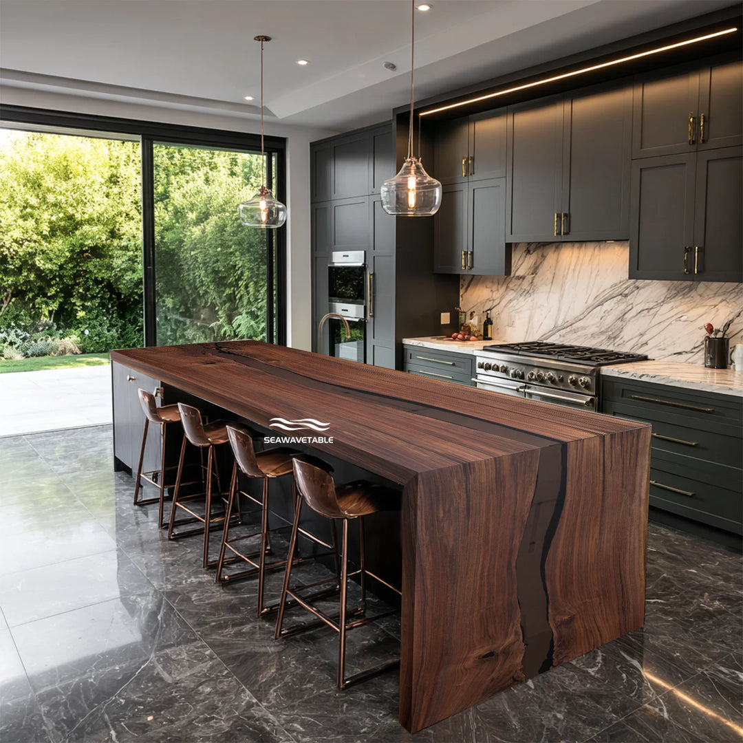SeawaveTable black walnut epoxy kitchen island table semi-transparent black resin