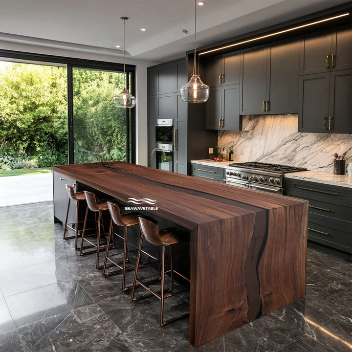 SeawaveTable black walnut epoxy kitchen island table semi-transparent black resin