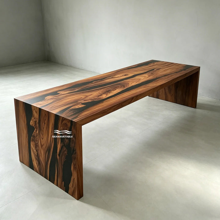 walnut epoxy waterfall kitchen island table with black resin